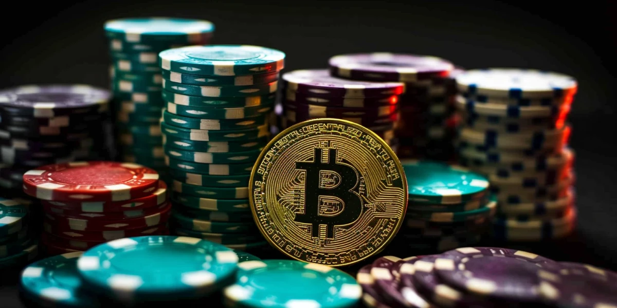Bitcoins and stacked poker chips image