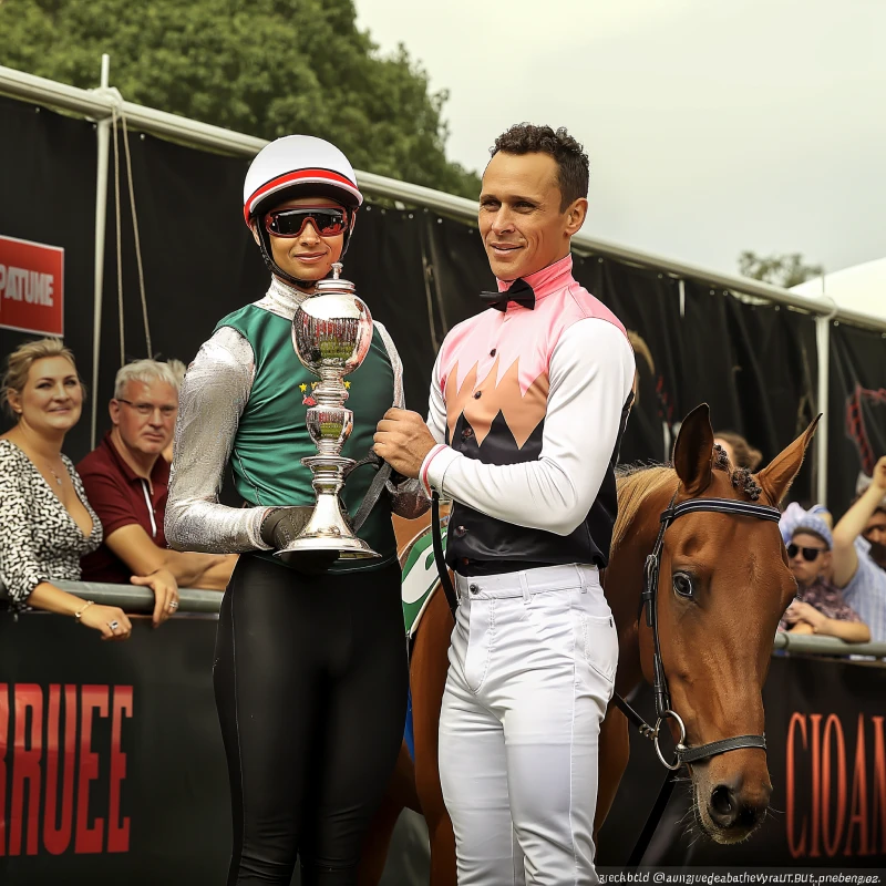 Jockey and trainer holding a trophy image
