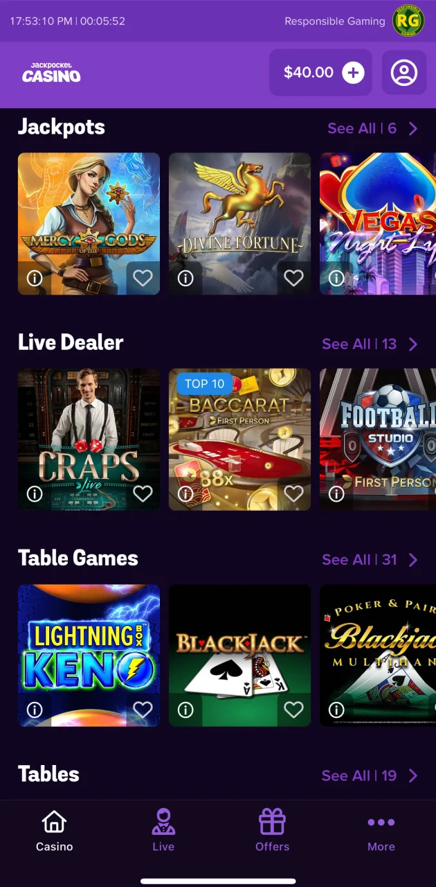 Jackpocket Casino game selection image